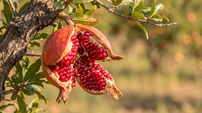 Ripe pomegranate fruit bursting open on a tree branch, revealing juicy red arils in a sunny orchard