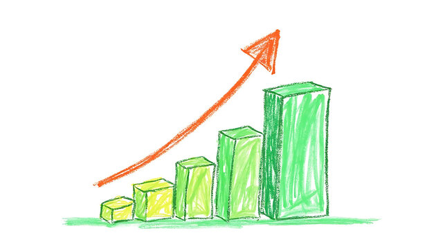 Green bar graph with rising orange arrow indicating financial growth and upward business trend for investments.