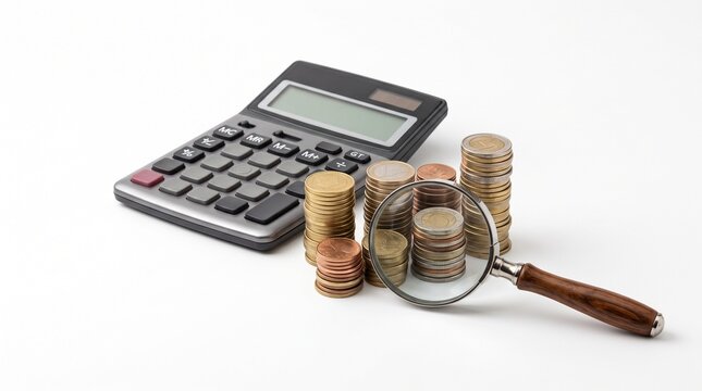 Financial Audit Concept with Calculator Magnifying Glass and Organized Coin Stacks