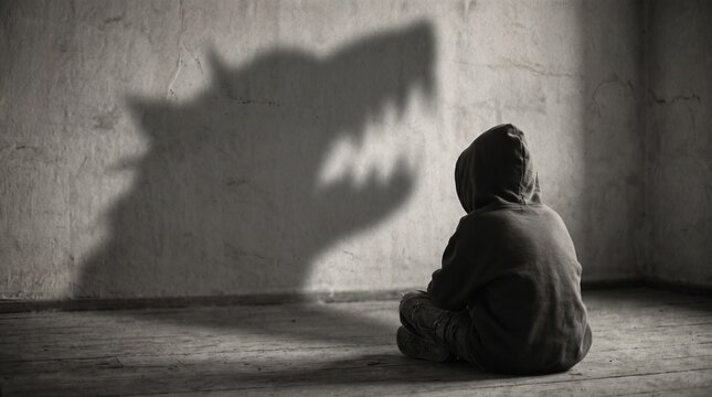 Lonely child sitting in a dark room with a scary monster shadow on the wall