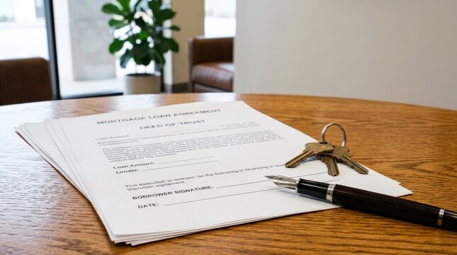 Legal mortgage documents and house keys on a wooden desk for home ownership concept.