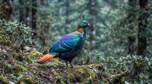 Vibrant Himalayan monal bird standing on mossy forest rock with natural lighting