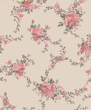 Vintage Rose Bouquet & Delicate Floral Garland Cream Pattern