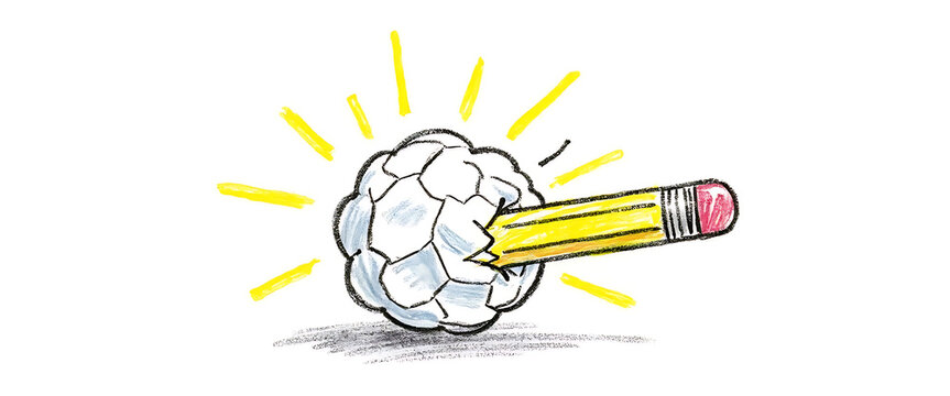 Yellow pencil breaking through crumpled paper symbolizing idea generation and innovation on white background.