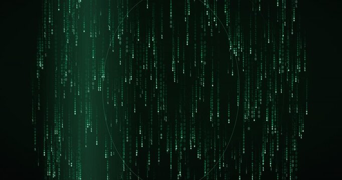Binary code streams down in a phosphor green 4K animation with a deep tunnel parallax effect.