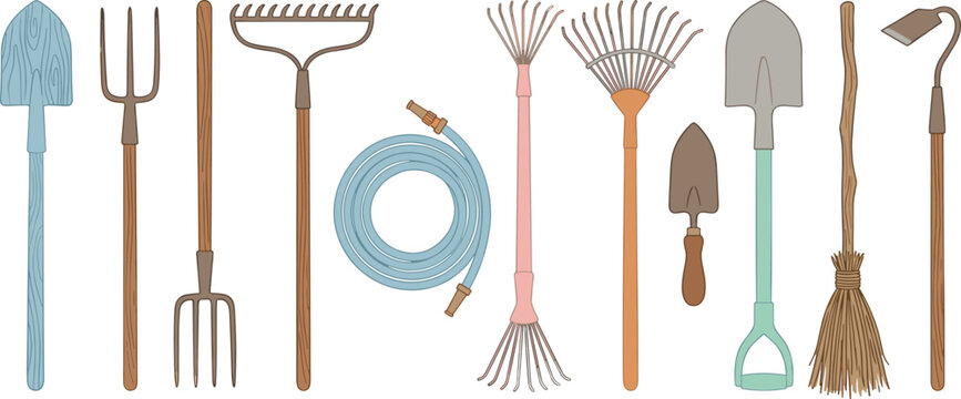 Vintage Garden Tool Collection with Shovel, Rake, Pitchfork, Trowel, Broom, Hose, and Handcrafted Gardening Equipment
