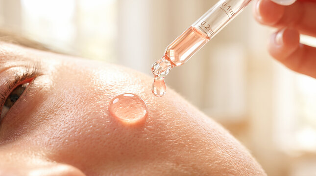 Glass pipette applying thick clear pink liquid serum drop directly onto textured human skin pores illuminated by warm bright sunlight during morning skincare routine