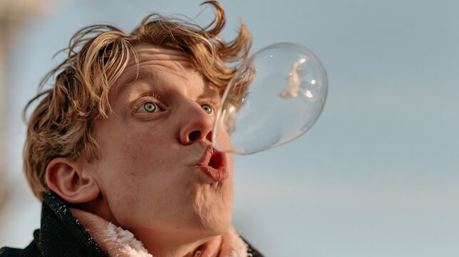 Funny man freezing a soap bubble that pops in his face in a snowy backyard, humorous winter science photo with copy space