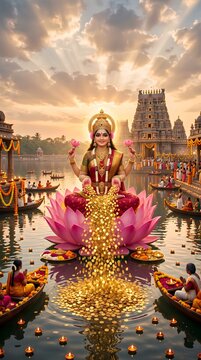 Goddess lakshmi sitting on giant lotus in temple river with devotees in boats at sunset time