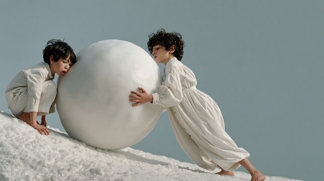 Funny boy rolling a giant snowball taller than himself and looking exhausted, winter science photo with copy space