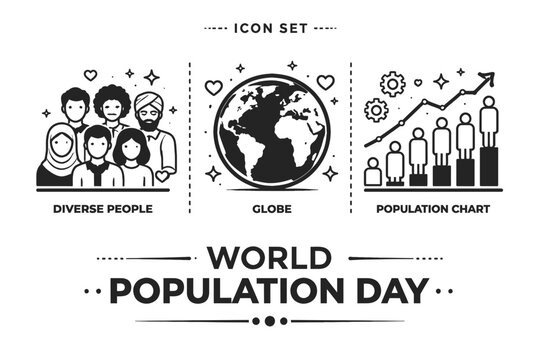 World Population Day Vector Icon Set with Diverse People Globe and Population Growth Chart