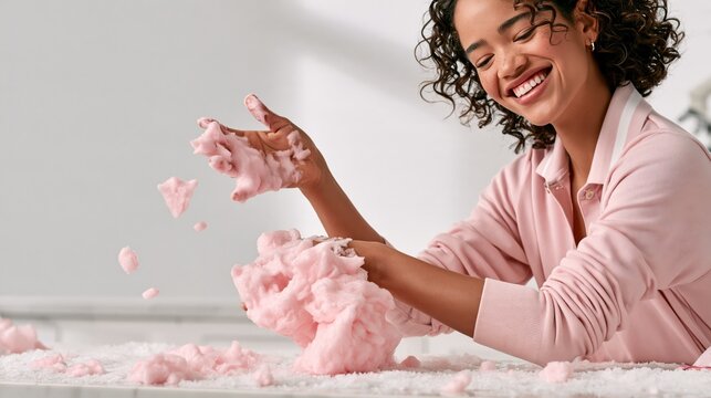 Funny woman trying to make instant snow from a packet as it expands too fast and covers her hands, winter science photo