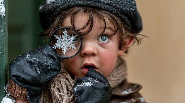 Funny young boy with magnifying glass inspecting a snowflake on his glove, eyes wide with wonder, winter science photo