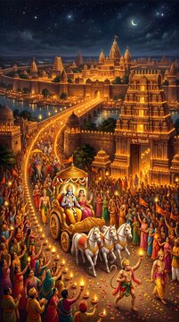 Grand procession of lord rama and sita in ayodhya during the festive diwali night celebration