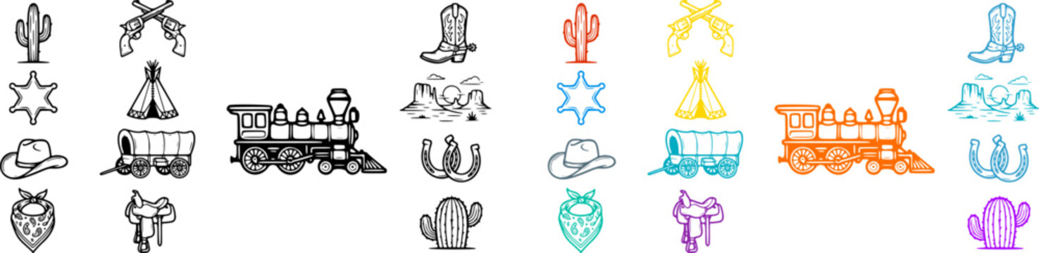 Wild west cowboy theme vector illustrations with colorful and outline designs on transparent.