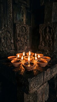 Group of traditional clay oil lamps burning on an ancient stone altar in a dark temple setting