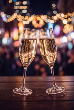 Two elegant glasses of sparkling champagne placed on an outdoor wooden table with colorful glowing urban bokeh lights shimmering in the background