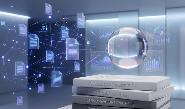 3D illustration of transparent glass sphere on book stack analyzing interconnected digital documents deep knowledge synthesis concept   