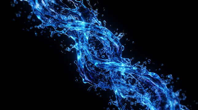 Dynamic blue water splash flowing in a diagonal motion isolated on a solid black background