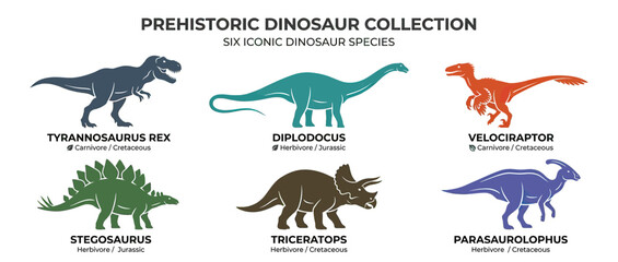 Collection of Six Prehistoric Dinosaur Silhouettes © maskulon