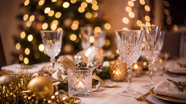 An elegant holiday party table set with crystal champagne glasses golden baubles and warm festive lighting with a Christmas tree shining in background