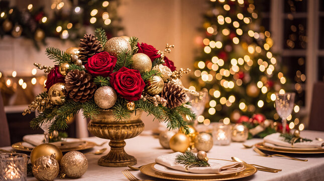 A luxurious Christmas dining table beautifully decorated with fresh floral arrangements golden ornaments tableware and an illuminated tree in background