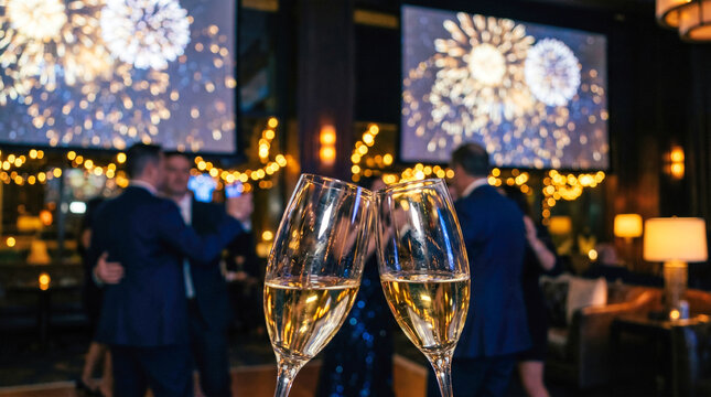 Crystal champagne glasses clinking festive holiday celebration party luxury modern restaurant interior glowing fireworks digital display screen happy diverse dancing crowd background