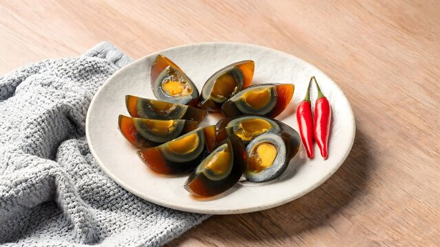 Sliced Century Eggs on White Plate with Red Chili Peppers