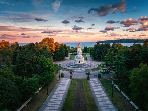 Aerial view of the Pantheon monument in Sea Garden of Varna facing Black Sea at sunset