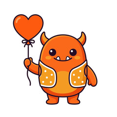 Fototapeta premium Cute orange monster holding a heart balloon