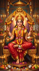 Fototapeta premium Traditional hindu goddess lakshmi sitting on an ornate golden throne with ritual offerings