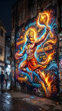 Vibrant street mural of lord hanuman holding golden mace on urban brick wall at night time