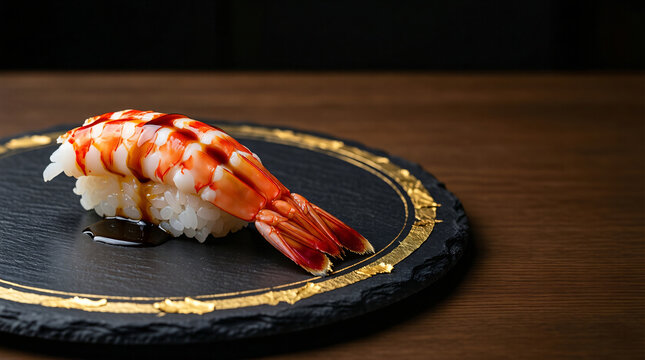 Premium Japanese Ebi Tiger Prawn Sushi on Luxury Circular Slate Plate with Copy Space