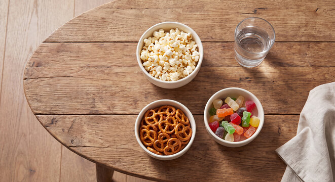 High angle view of a wooden coffee table served with bowls of popcorn pretzels colorful candies and a glass of water for movie night