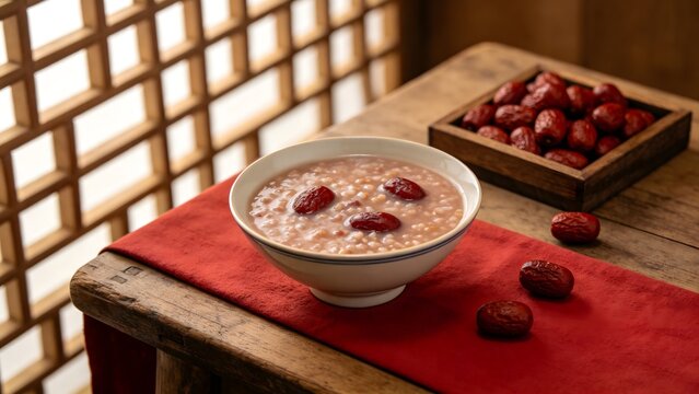 Traditional Chinese Red Date Porridge Breakfast Scene on Wooden Table