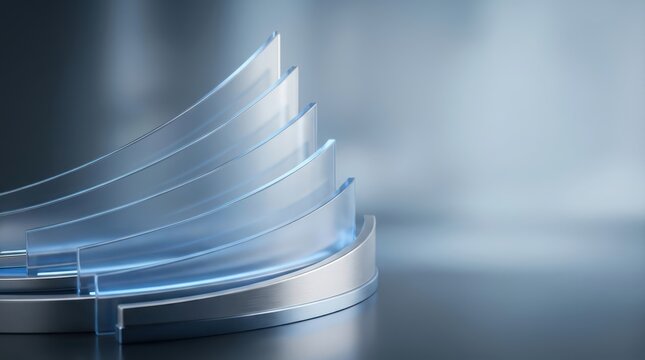 Abstract glass structure with curved panes and metallic elements on a grey reflective surface