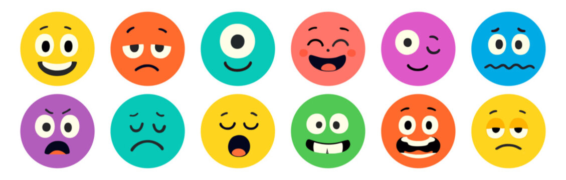 Funny emoji face characters set, cute colorful round emoticons vector expression icons, happy, sad, angry, surprised expression faces, flat emotion avatars collection for social media and chat app