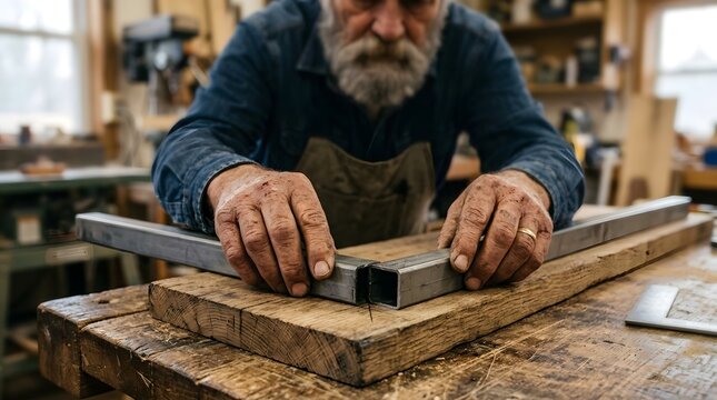 Close-up of a Professional Senior Craftsman Hands Positioning and Aligning Square Metal Tubes for Fabrication on a Rustic Wooden Workbench in a Traditional Workshop Environment