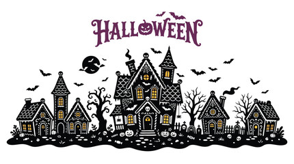 Obraz premium Spooky Halloween vector banner featuring haunted houses silhouette bats moon and magical text on white background