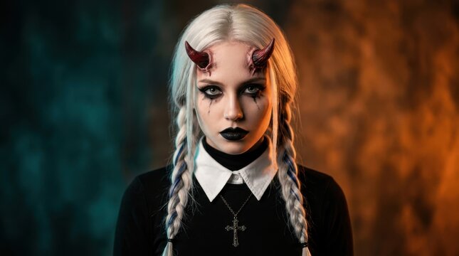 Portrait of a young woman with devil horns and gothic makeup