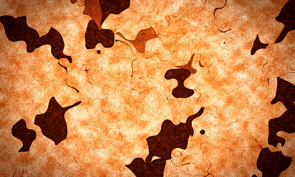 Abstract grunge orange paper texture background with dark ink blotches and cracks