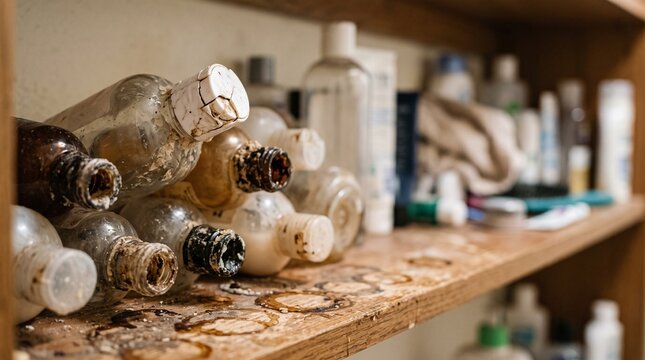 Bathroom shelf crowded with empties captured at eye level with crusted necks over sticky rings, a real life close up of a shelf of empty bottles representing    a bathroom shelf nobody has cleared out