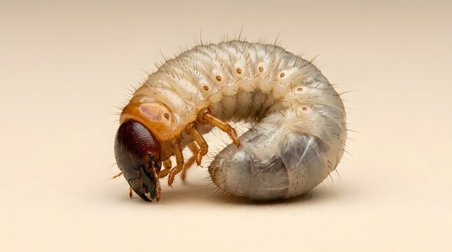 Macro close-up of a white beetle larva or grub curled in a characteristic C-shape against a neutral background, highlighting its dark brown head, hairy body segments, and small legs.