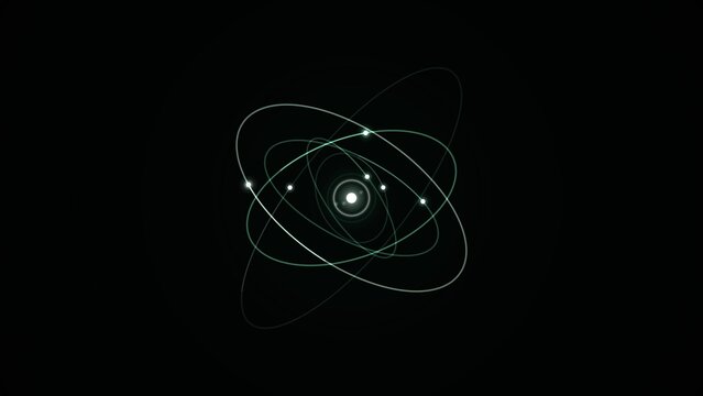 The image shows a stylized glowing atomic structure against a deep solid black background
