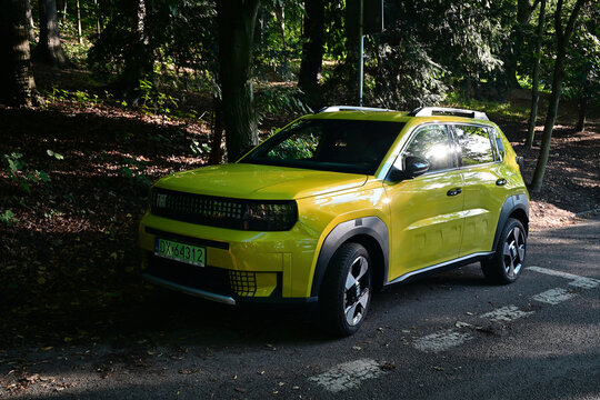  Yellow electric Fiat Grande Panda EV crossover parked in a forest shadow at sunset