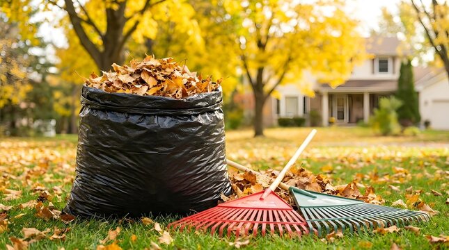 Large black plastic bag filled with dry autumn leaves standing on a green lawn next to two garden rakes during fall yard maintenance with yellow trees and a suburban house in the background.