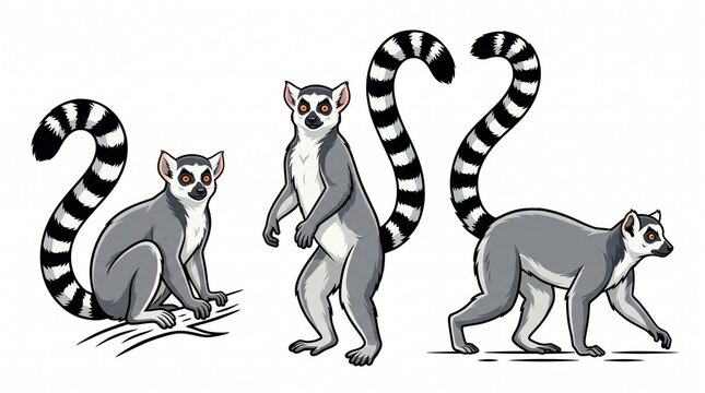 four Colorful Vector Ring-Tailed Lemurs in Sitting, Standing and Walking Poses Isolated on White Background
