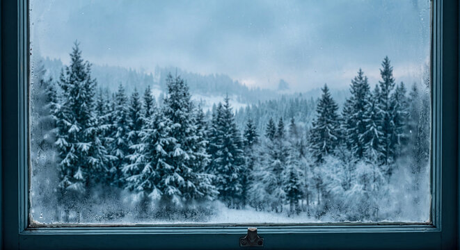A chilly winter view through a rustic window reveals tall evergreen trees blanketed in deep powdery white snow on a quiet frosty day in nature.