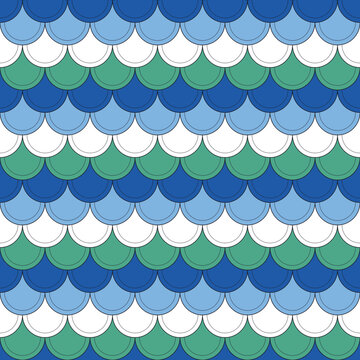 Moroccan fish scale scallop tile seamless pattern in blue, sky blue, white and mint