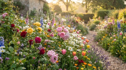 Fototapeta premium Colorful summer garden path with blooming roses and wildflowers at sunset